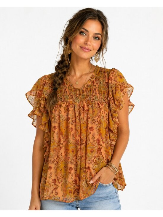 Maison D’Amelie Tops - Carolina Belle Montreal Floral Smocked Flutter Sleeve Blouse XL Boho Top Orange
